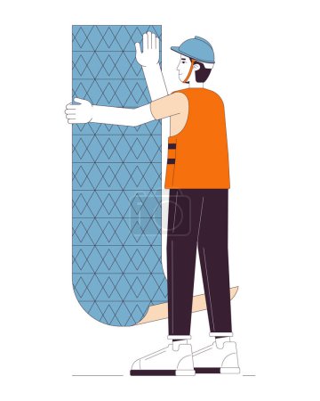 Illustration for Professional hanging wallpaper line cartoon flat illustration. Caucasian male wallcovering installer 2D lineart character isolated on white background. Wall covering scene vector color image - Royalty Free Image