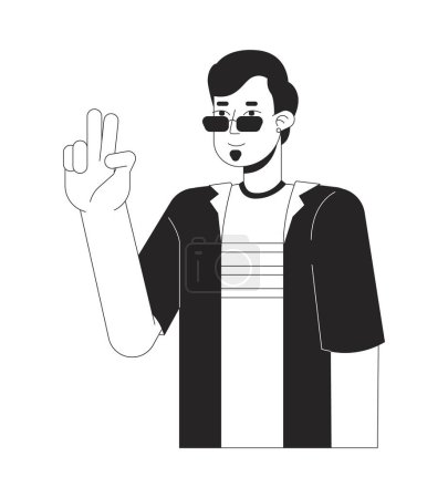 Illustration for Cool sunglasses man peace sign hand black and white 2D line cartoon character. Caucasian guy taking selfie isolated vector outline person. Body language. Mood fun monochromatic flat spot illustration - Royalty Free Image