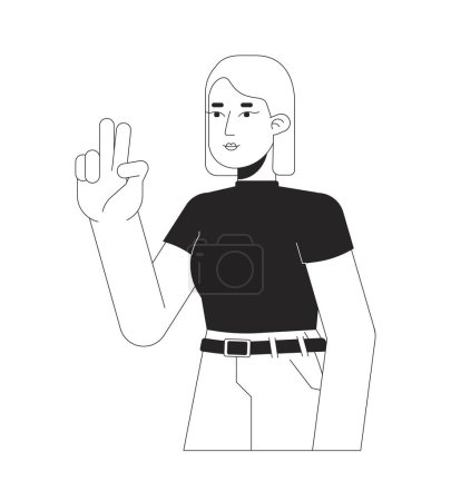 Illustration for Peace sign girl european black and white 2D line cartoon character. Victorious caucasian female isolated vector outline person. Selfie taking. Gesture two fingers monochromatic flat spot illustration - Royalty Free Image