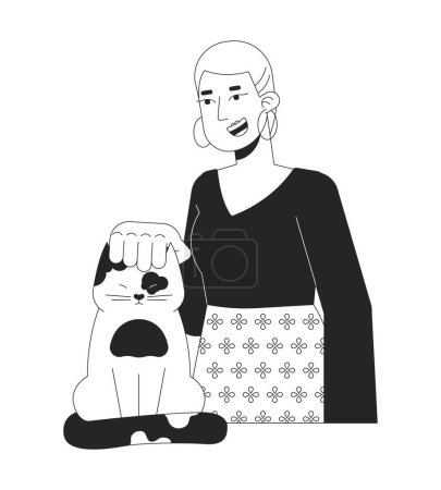 Illustration for Short haired caucasian woman petting cat head black and white 2D line cartoon character. Pet lover isolated vector outline person. Veterinarian scratches kitten monochromatic flat spot illustration - Royalty Free Image