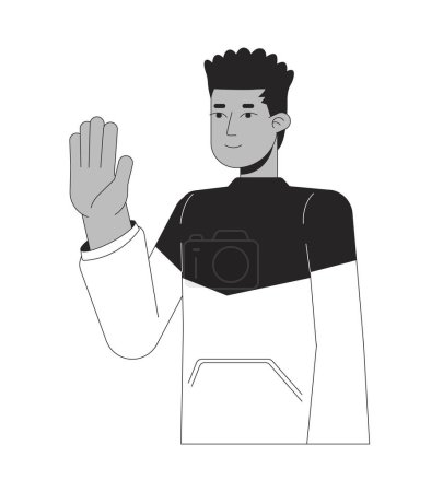 Illustration for African american guy waving happy black and white 2D line cartoon character. Male black student saying hello isolated vector outline person. Greeting gesture monochromatic flat spot illustration - Royalty Free Image