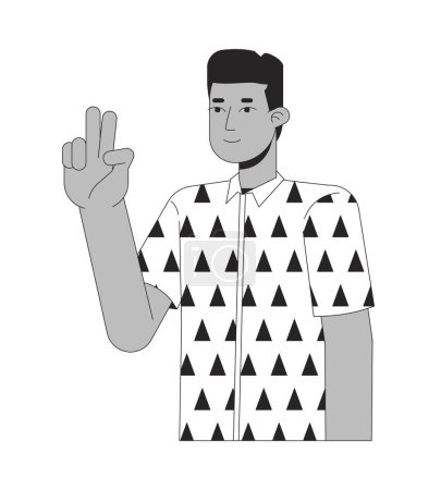 Téléchargez les illustrations : Afro-américain jeune homme paix doigts noir et blanc personnage de bande dessinée ligne 2D. Noir prend selfie isolé vecteur contour personne. Deux doigts en l'air. Amusement de l'humeur monochromatique spot plat illustration - en licence libre de droit