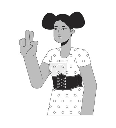 Illustration for African american peace sign girl black and white 2D line cartoon character. Gesturing two fingers up isolated vector outline person. Position on selfie taking monochromatic flat spot illustration - Royalty Free Image