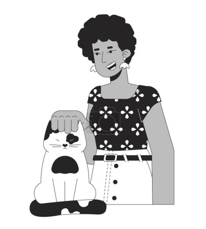Illustration for Afro hair woman stroking cat head black and white 2D line cartoon character. African american lady adopting kitten isolated vector outline person. Pet lover female monochromatic flat spot illustration - Royalty Free Image