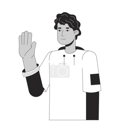 Illustration for Latino young man saying hello black and white 2D line cartoon character. Hispanic teen boy waving happy isolated vector outline person. Greeting gesture monochromatic flat spot illustration - Royalty Free Image