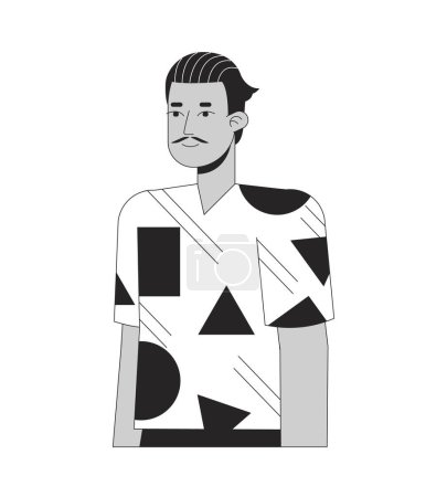 Illustration for Hispanic adult man with pencil moustache black and white 2D line cartoon character. Posing latino guy in 70s inspired clothes isolated vector outline person. Monochromatic flat spot illustration - Royalty Free Image
