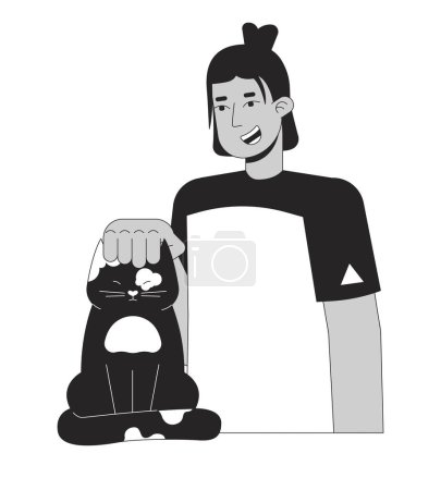 Illustration for Latino teenager cat head scratching black and white 2D line cartoon character. Animal shelter volunteer young isolated vector outline person. Kitten being petted monochromatic flat spot illustration - Royalty Free Image