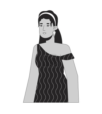 Ilustración de Mujer hispana guapo en los años 70 inspiró la ropa en blanco y negro 2D línea de personajes de dibujos animados. Mujer latina con estilo posando persona contorno vectorial aislado. Relajado monocromático plano punto ilustración - Imagen libre de derechos