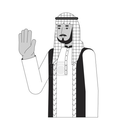 Ilustración de Hombre árabe saudí agitando feliz personaje de dibujos animados de línea 2D en blanco y negro. Oriente Medio usando casco a cuadros aislado vector contorno persona. Decir hola ilustración monocromática punto plano - Imagen libre de derechos