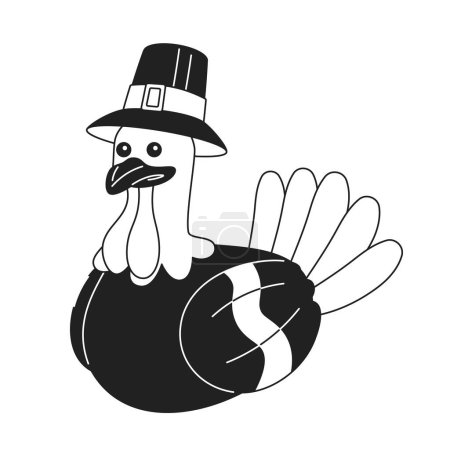 Illustration for Pilgrim turkey mascot black and white 2D cartoon character. Poultry bird wearing hat isolated vector outline animal. Capotain turkey. Authentic thanksgiving monochromatic flat spot illustration - Royalty Free Image