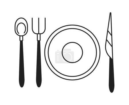 Illustration for Cutlery setting black and white 2D cartoon object. Banquet flatware isolated vector outline item. Fork knife spoon with plate. Silverware setting. Weddings utensil monochromatic flat spot illustration - Royalty Free Image