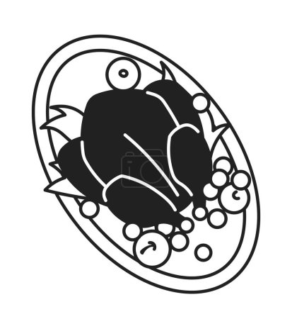 Téléchargez les illustrations : Thanksgiving dinde rôti noir et blanc objet de dessin animé 2D. Merci d'avoir donné l'assiette. Turquie rôti vue de dessus isolée élément vectoriel contour. Illustration des taches plates monochromes de volaille cuite - en licence libre de droit