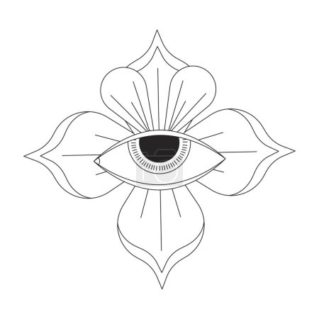Illustration for Four sharp petals flower with human eye black and white 2D line cartoon object. Blossom spiritual imagination isolated vector outline item. Fantasy prophecy monochromatic flat spot illustration - Royalty Free Image