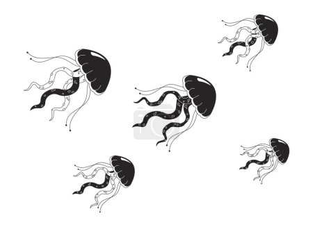 Téléchargez les illustrations : Méduses chaudes nageant ensemble noir et blanc objet de dessin animé ligne 2D. Groupe de méduses gelée flottant élément vectoriel isolé contour. Illustration de taches plates monochromes sous-marines - en licence libre de droit
