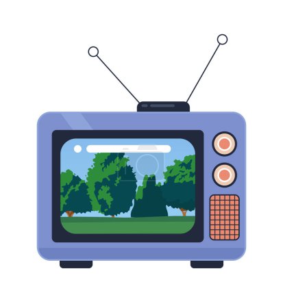 Illustration for Tranquil park trees on 1970s tv 2D cartoon object. Old fashioned retro television program isolated vector item white background. Countryside, forest. Watch nostalgia show color flat spot illustration - Royalty Free Image