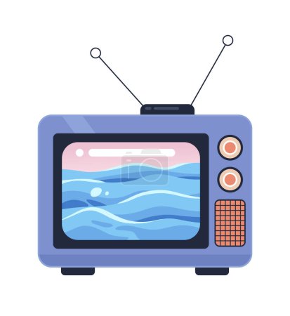 Illustration for Waves ocean on old tv vintage 2D cartoon object. Old fashioned retro television program isolated vector item white background. Seascape water. Watching nostalgia show color flat spot illustration - Royalty Free Image