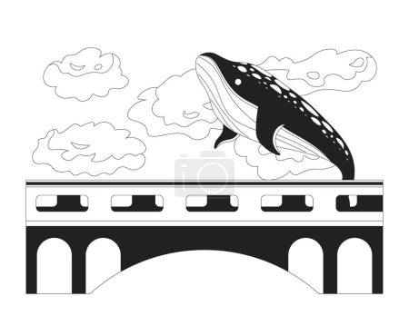 Illustration for Whale humpback flying above bridge black and white 2D illustration concept. Fairytale animal in clouds sky isolated cartoon outline scene. Fantastic world surreal metaphor monochrome vector art - Royalty Free Image