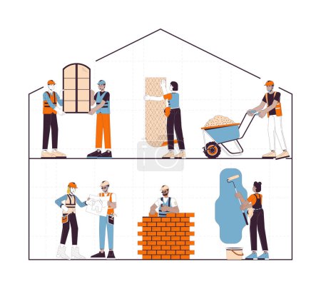 Illustration for Home construction site 2D linear illustration concept. Diverse building contractors cartoon characters isolated on white. Installers, builders hardhat metaphor abstract flat vector outline graphic - Royalty Free Image