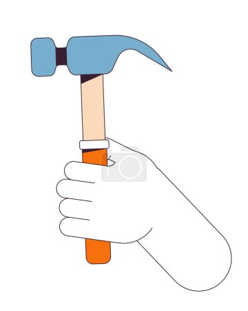 Illustration for Hammer holding linear cartoon character hand illustration. Handyman work tool outline 2D vector image, white background. Manual work. Do-it-yourself. Home improvement editable flat color clipart - Royalty Free Image