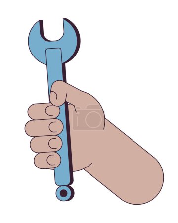 Illustration for Wrench holding linear cartoon character hand illustration. Handyman tool outline 2D vector image, white background. Auto mechanic, repairman arm. Spanner do-it-yourself editable flat color clipart - Royalty Free Image