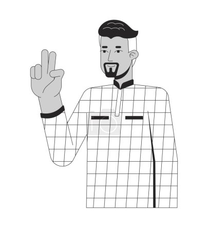 Illustration for Confident 40s arab man victory sign black and white 2D line cartoon character. Middle eastern businessman two fingers up gesture isolated vector outline person. Monochromatic flat spot illustration - Royalty Free Image