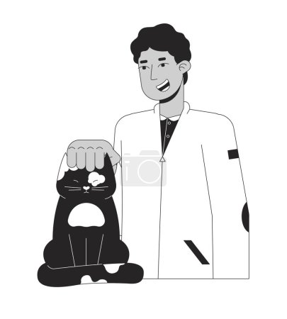 Illustration for Middle eastern teen boy petting cat black and white 2D line cartoon character. Arab young man scratching kitty domestic isolated vector outline person. Pet owner monochromatic flat spot illustration - Royalty Free Image