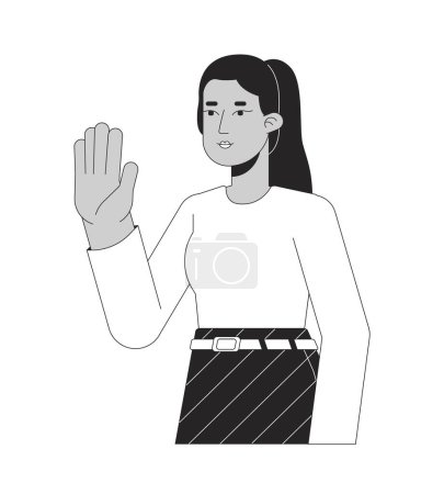 Illustration for Elegant arab woman hello wave black and white 2D line cartoon character. Middle eastern lady greeting isolated vector outline person. Turkish female saying hi monochromatic flat spot illustration - Royalty Free Image