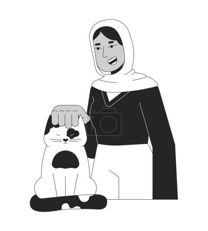 Illustration for Muslim hijab woman petting cat head black and white 2D line cartoon character. Volunteer lady with kitten isolated vector outline person. Female veterinarian monochromatic flat spot illustration - Royalty Free Image