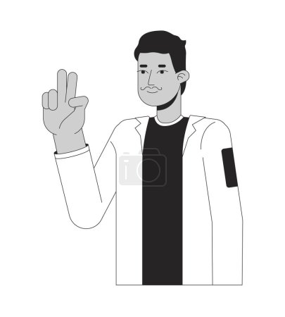 Ilustración de Hombre bigote indio signo de paz mano negro y blanco 2D línea personaje de dibujos animados. Adulto del sur asiático bigote chico tomando selfie aislado vector contorno persona. Ilustración plana monocromática - Imagen libre de derechos