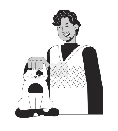 Ilustración de Barbudo hombre indio acariciando gato blanco y negro 2D línea personaje de dibujos animados. Sur asiático chico sonriendo aislado vector contorno persona. Clima suéter. Mascotas propietario monocromático plano punto ilustración - Imagen libre de derechos