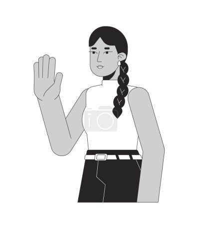 Illustration for Waving pretty indian woman with long braid black and white 2D line cartoon character. South asian lady saying hi isolated vector outline person. Stop hand monochromatic flat spot illustration - Royalty Free Image