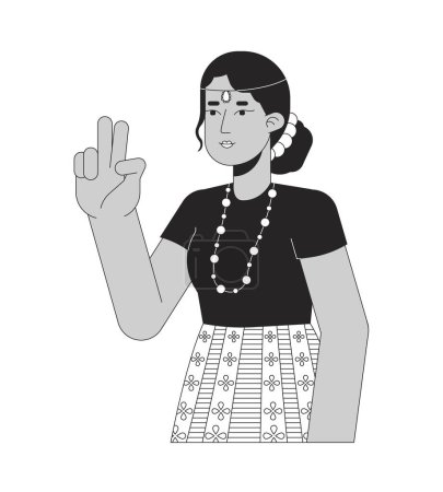 Illustration for Peace sign girl with indian head jewelry black and white 2D line cartoon character. South indian woman two fingers up isolated vector outline person. Selfie taking monochromatic flat spot illustration - Royalty Free Image