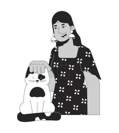 Illustration for Smiling hindu woman stroking cat black and white 2D line cartoon character. Indian lady wearing bindi, scratching kitten isolated vector outline person. Pet lover monochromatic flat spot illustration - Royalty Free Image