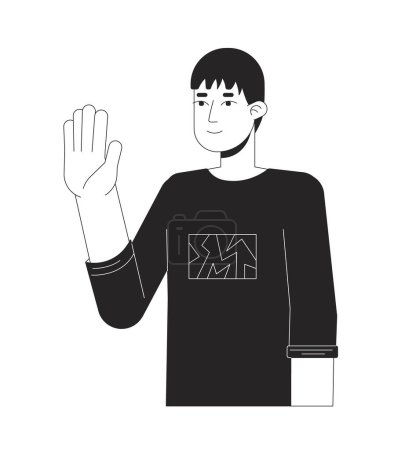Illustration for Normal japanese guy waving shyly black and white 2D line cartoon character. Asian young man saying hello isolated vector outline person. Greeting gesture monochromatic flat spot illustration - Royalty Free Image