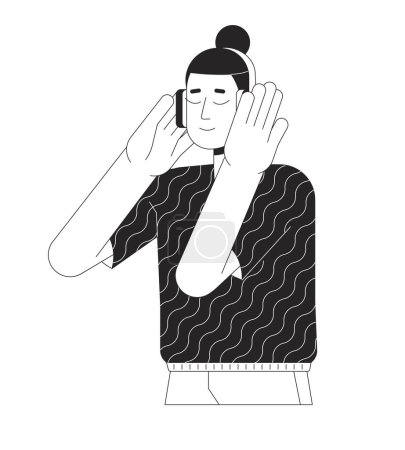 Illustration for Chilling headphones asian man top knot black and white 2D line cartoon character. Korean guy listening to music beats isolated vector outline person. Music lover monochromatic flat spot illustration - Royalty Free Image