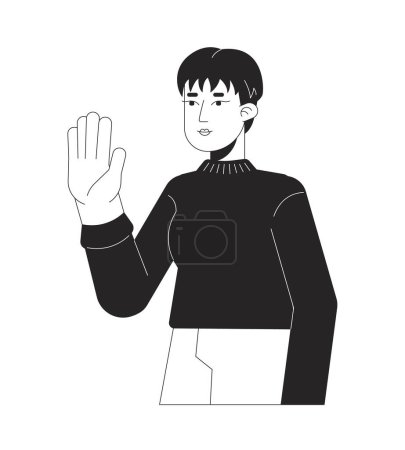Illustration for Pixie cut korean woman waving hand black and white 2D line cartoon character. Handsome asian lady greeting isolated vector outline person. Stop hand. Saying hi monochromatic flat spot illustration - Royalty Free Image