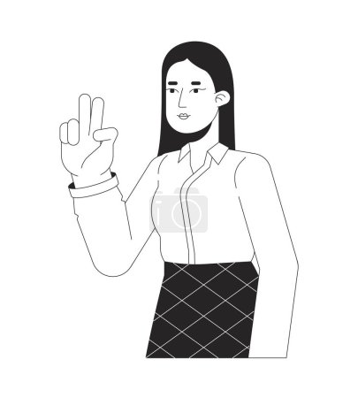 Illustration for Peace sign girl asian with long straight hair black and white 2D line cartoon character. Korean lady selfie isolated vector outline person. Gesture two fingers up monochromatic flat spot illustration - Royalty Free Image