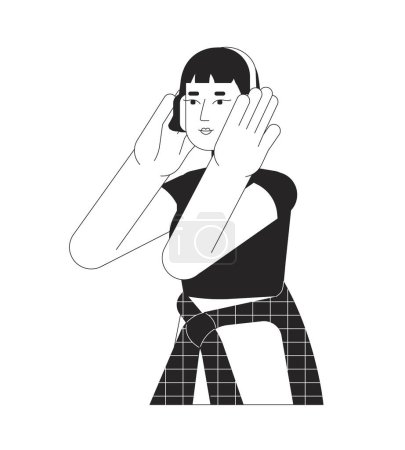 Téléchargez les illustrations : Asiatique adolescent fille casque noir et blanc personnage de dessin animé ligne 2D. Femme coréenne moderne écoutant de la musique isolée contour vectoriel personne. Illustration de spot plat monochromatique d'auditeur de podcast - en licence libre de droit
