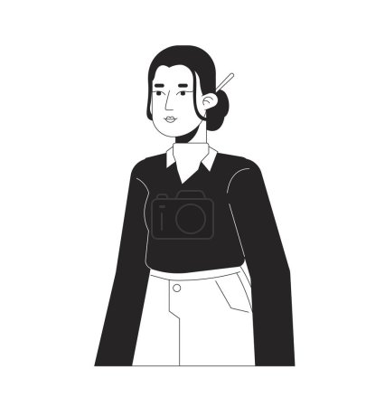 Illustration for Asian office lady wearing chinese hairpin black and white 2D line cartoon character. Relaxed standing isolated vector outline person. Female worker casual monochromatic flat spot illustration - Royalty Free Image