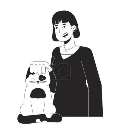 Ilustración de Piercings de oído chica asiática acariciando gato negro y blanco 2D línea de dibujos animados personaje. Cabeza de gatito rasguño aislado vector contorno persona. Amante de las mascotas, coreana hembra monocromática plana punto ilustración - Imagen libre de derechos