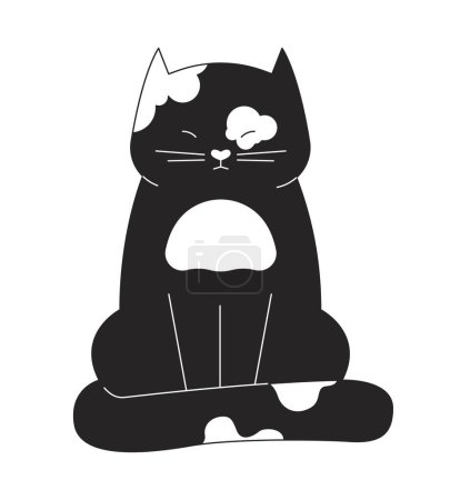 Illustration for Sleepy cat squinting eyes black and white 2D line cartoon character. Spotted feline pet wrapping tail around itself isolated vector outline animal. Blinking kitten monochromatic flat spot illustration - Royalty Free Image