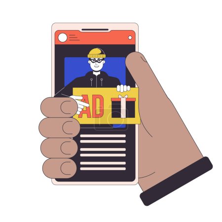 Illustration for Advertising fraud on smartphone flat line concept vector spot illustration. Thief stealing data. Click on ad 2D cartoon outline hand on white for web UI design. Editable isolated color hero image - Royalty Free Image