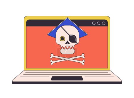 Illustration for Online piracy on laptop flat line concept vector spot illustration. Downloading copyrighted files 2D cartoon outline character on white for web UI design. Editable isolated color hero image - Royalty Free Image