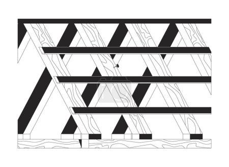 Illustration for Wooden roof frame black and white 2D line cartoon object. Residential roofing unfinished structure isolated vector outline item. Reconstruction. Construction site monochromatic flat spot illustration - Royalty Free Image