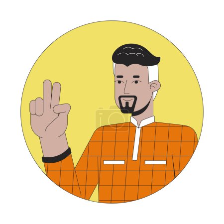 Illustration for Confident 40s arab man victory sign 2D line vector avatar illustration. Middle eastern businessman two fingers outline cartoon character face. Taking selfie flat color user profile image isolated - Royalty Free Image