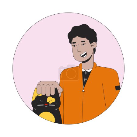 Illustration for Middle eastern teen boy petting cat 2D line vector avatar illustration. Arab young man scratching kitty domestic outline cartoon character face. Pet owner male flat color user profile image isolated - Royalty Free Image