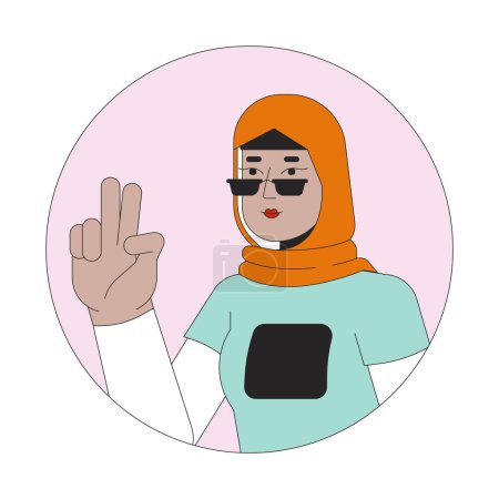 Téléchargez les illustrations : Femme musulmane élégante montrant le signe de victoire illustration avatar vectoriel ligne 2D. Lunettes de soleil hijab femme selfie prenant contour personnage de dessin animé visage. Deux doigts vers le haut image de profil utilisateur de couleur plate isolé - en licence libre de droit