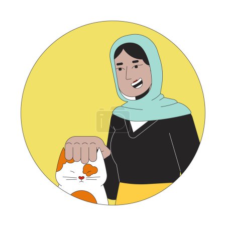 Téléchargez les illustrations : Musulman hijab femme caressant chat tête 2D ligne vecteur avatar illustration. Animal volontaire dame avec chaton contour visage de personnage de dessin animé. Femme vétérinaire plat image de profil utilisateur couleur isolée - en licence libre de droit