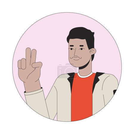 Illustration for Indian mustache man peace sign hand 2D line vector avatar illustration. Adult south asian moustache guy taking selfie outline cartoon character face. Mood fun flat color user profile image isolated - Royalty Free Image