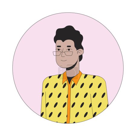 Illustration for Eyeglasses indian man in designer shirt 2D line vector avatar illustration. Relaxed posing outline cartoon character face. Smiling south asian guy in glasses flat color user profile image isolated - Royalty Free Image